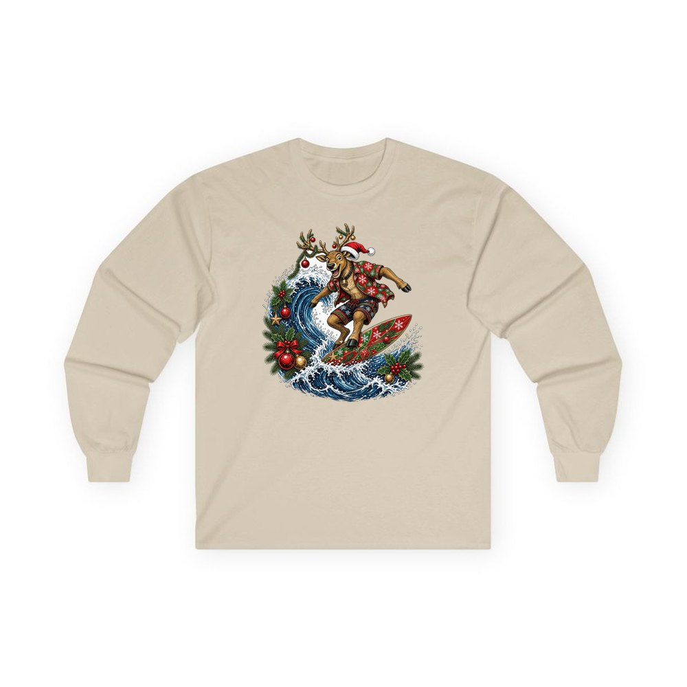 Reindeer on a Longboard personalised long sleeve Christmas T-shirt in sand