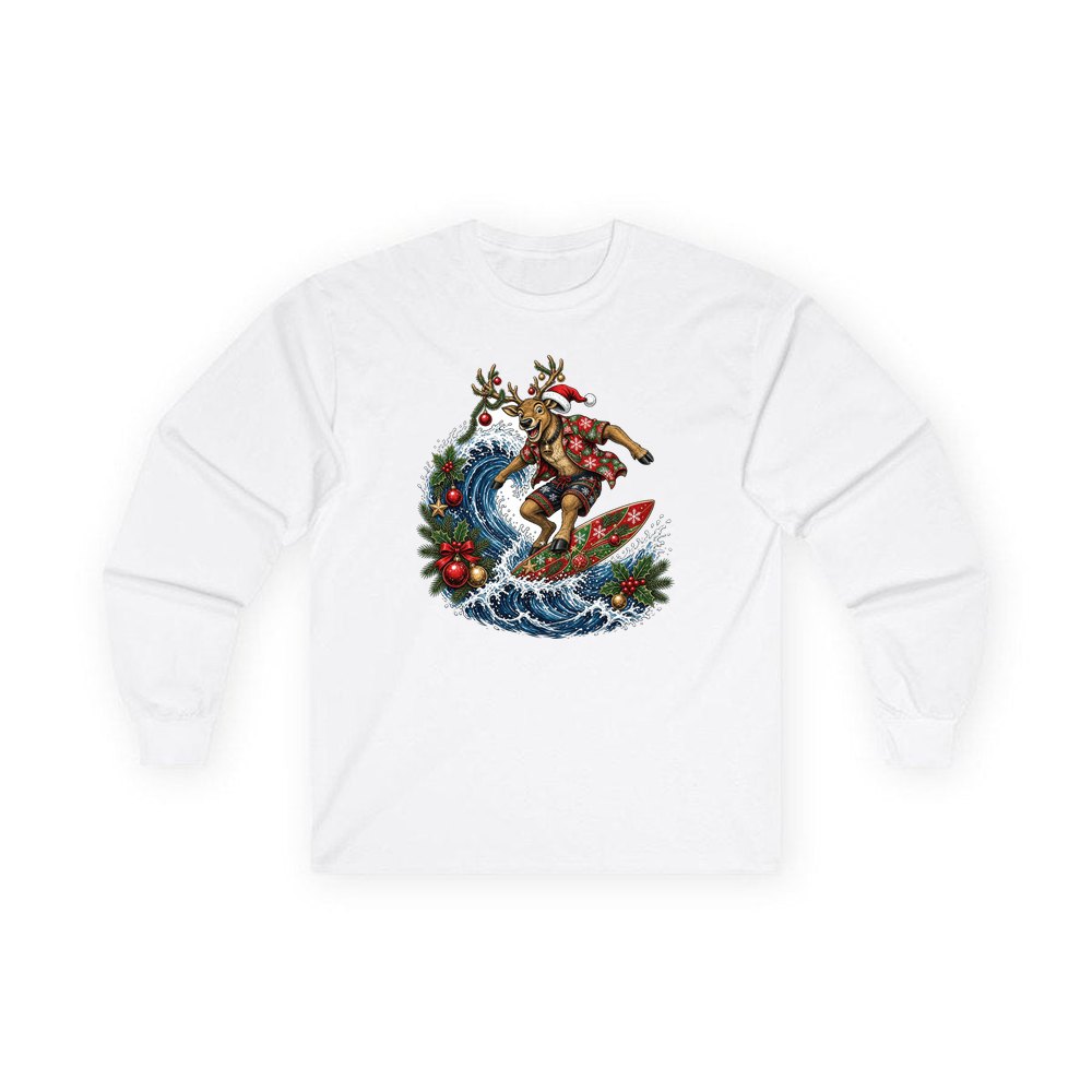 Reindeer on a Longboard personalised long sleeve Christmas T-shirt in white