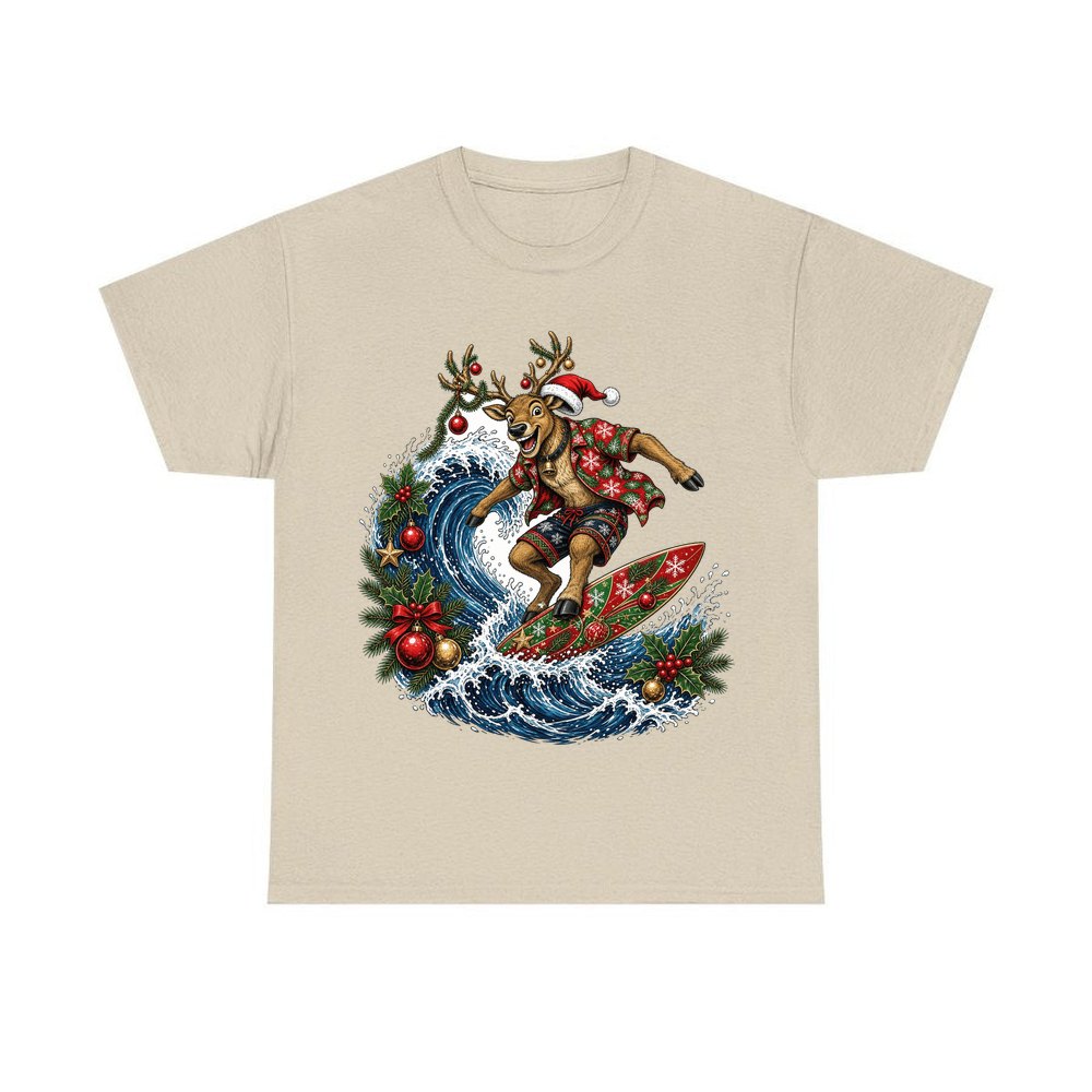 Reindeer on a Longboard personalised Christmas T-shirt in sand