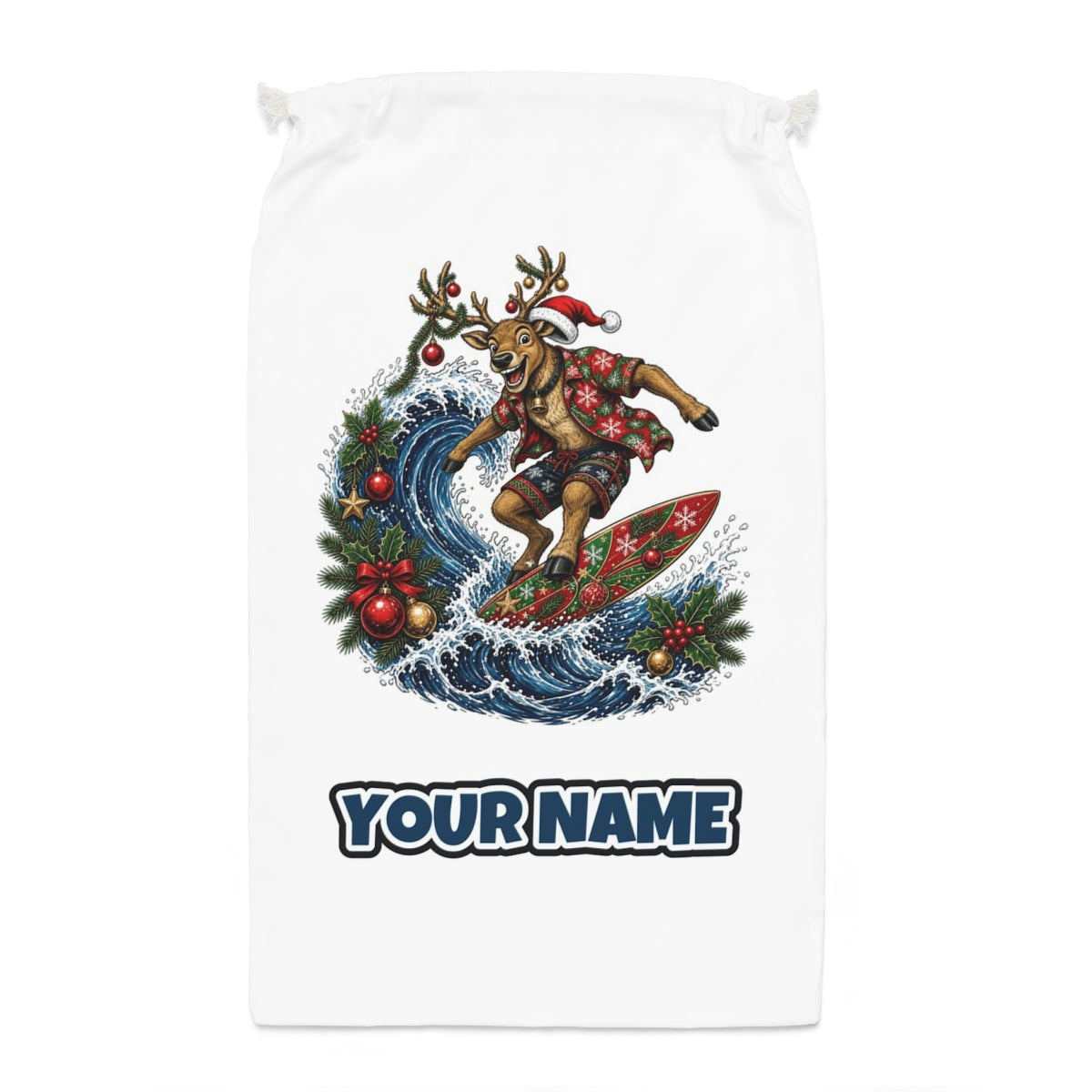 Reindeer on a Longboard Santa sack laid flat, showing the full print