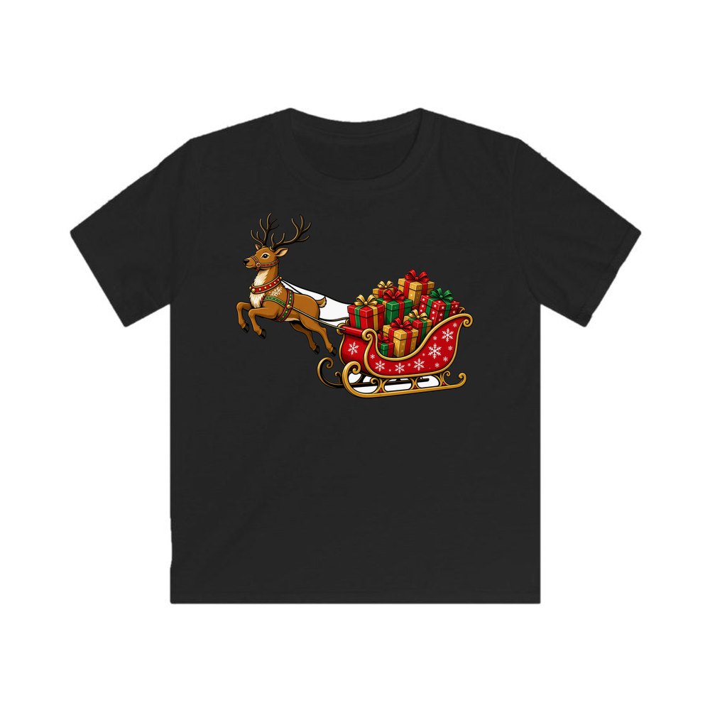 Reindeer Pulling Gift Sleigh personalised kids Christmas tee in black