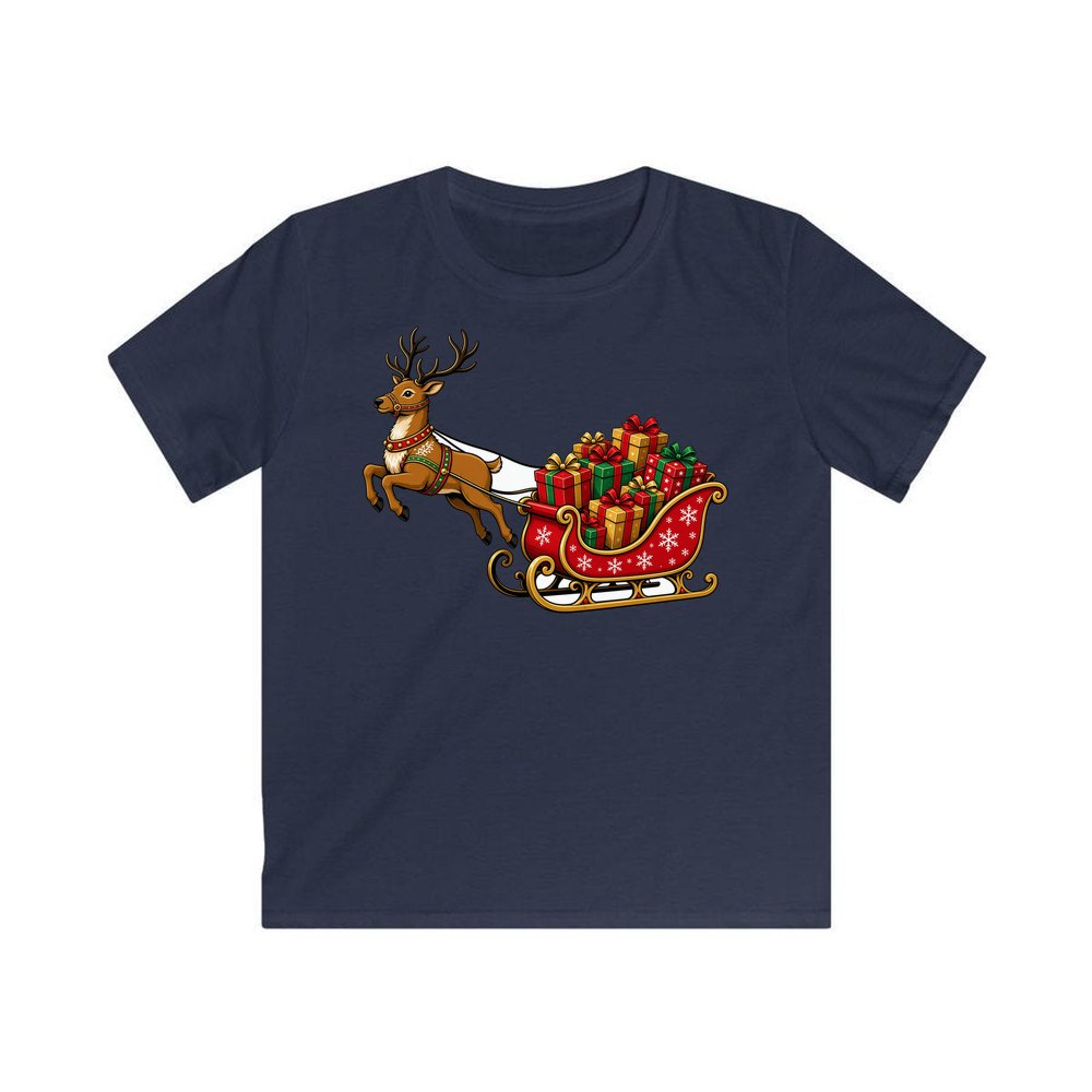 Reindeer Pulling Gift Sleigh personalised kids Christmas tee in navy