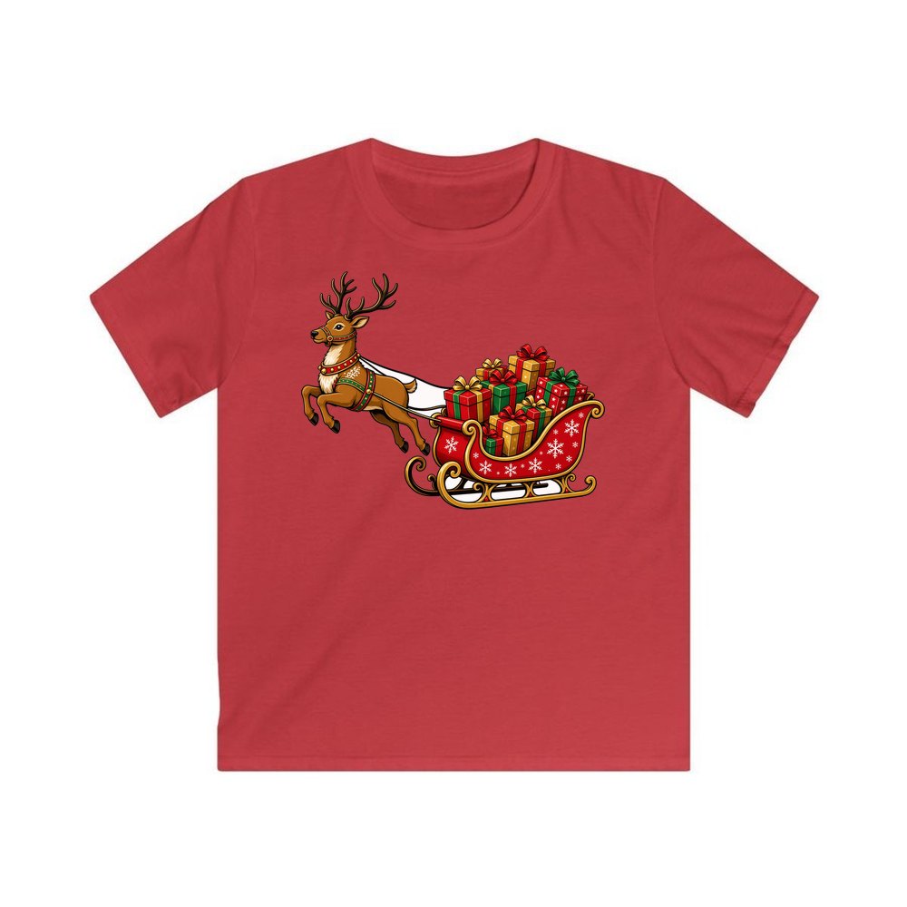 Reindeer Pulling Gift Sleigh personalised kids Christmas tee in red