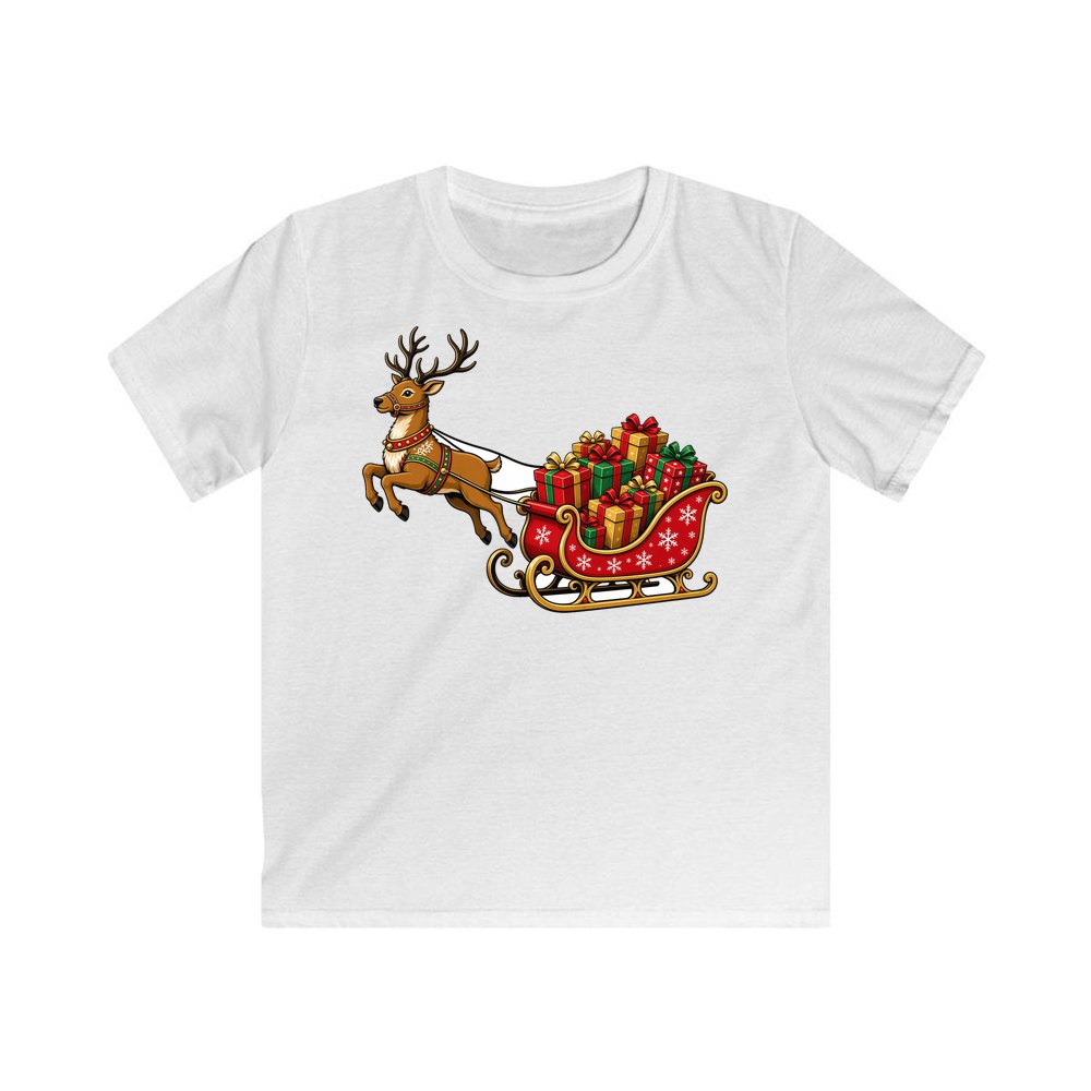 Reindeer Pulling Gift Sleigh personalised kids Christmas tee in white