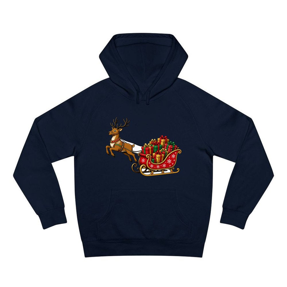 Reindeer Pulling Gift Sleigh personalised Christmas hoodie in navy
