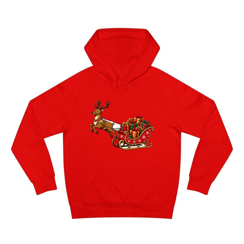 Reindeer Pulling Gift Sleigh personalised Christmas hoodie in red