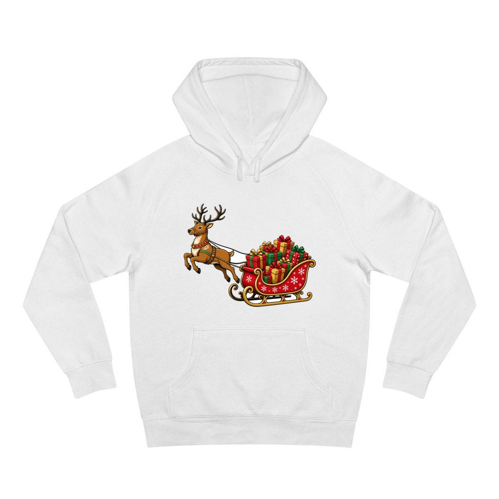 Reindeer Pulling Gift Sleigh personalised Christmas hoodie in white