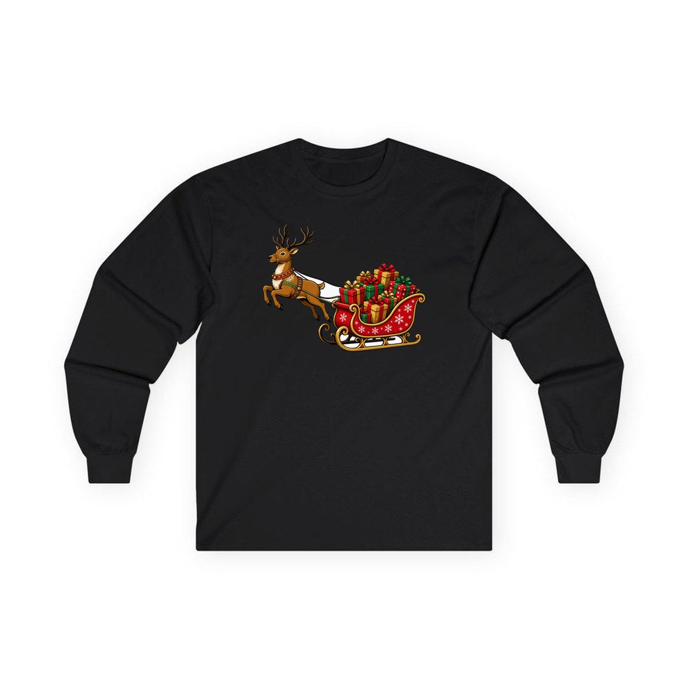 Reindeer Pulling Gift Sleigh personalised long sleeve Christmas T-shirt in black