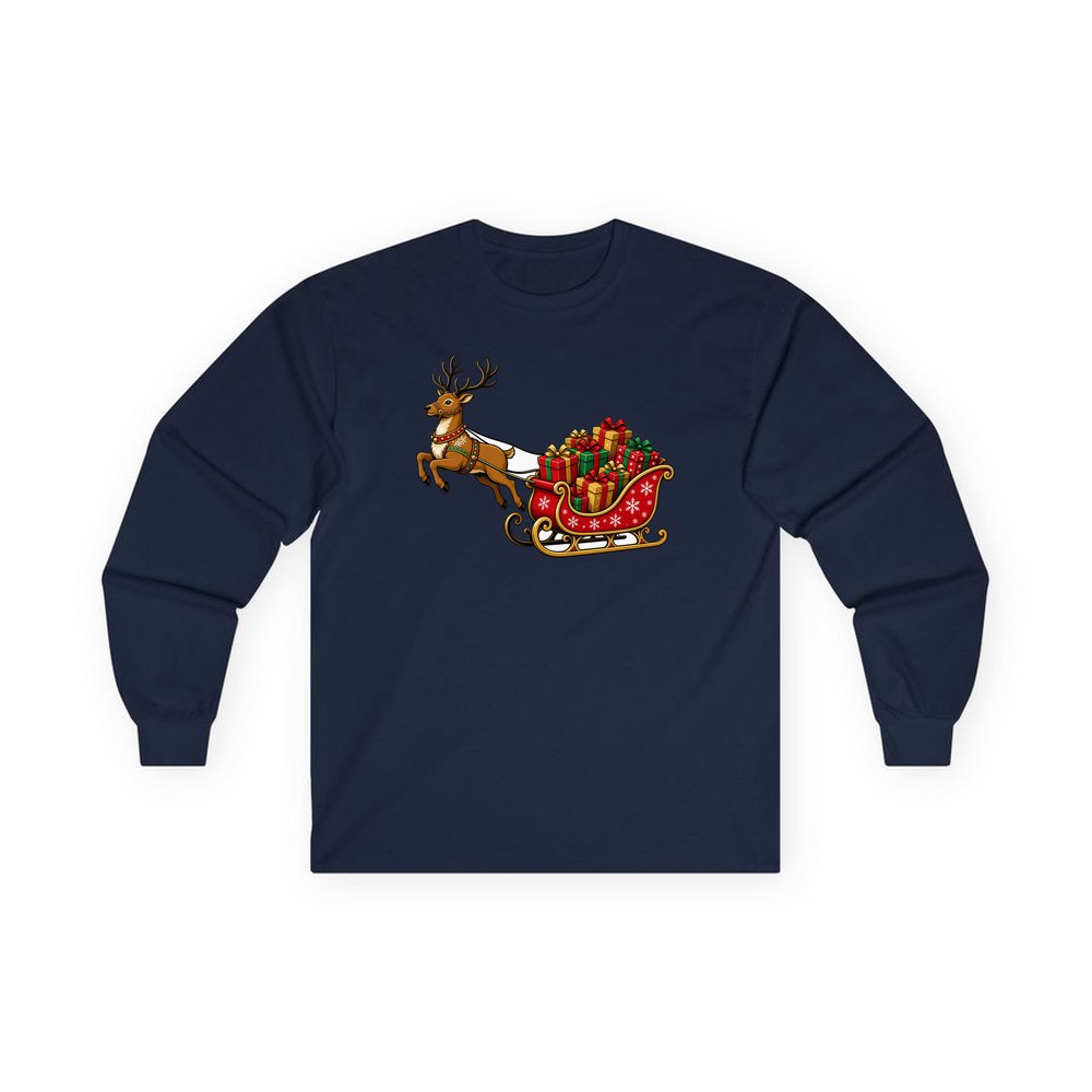 Reindeer Pulling Gift Sleigh personalised long sleeve Christmas T-shirt in navy