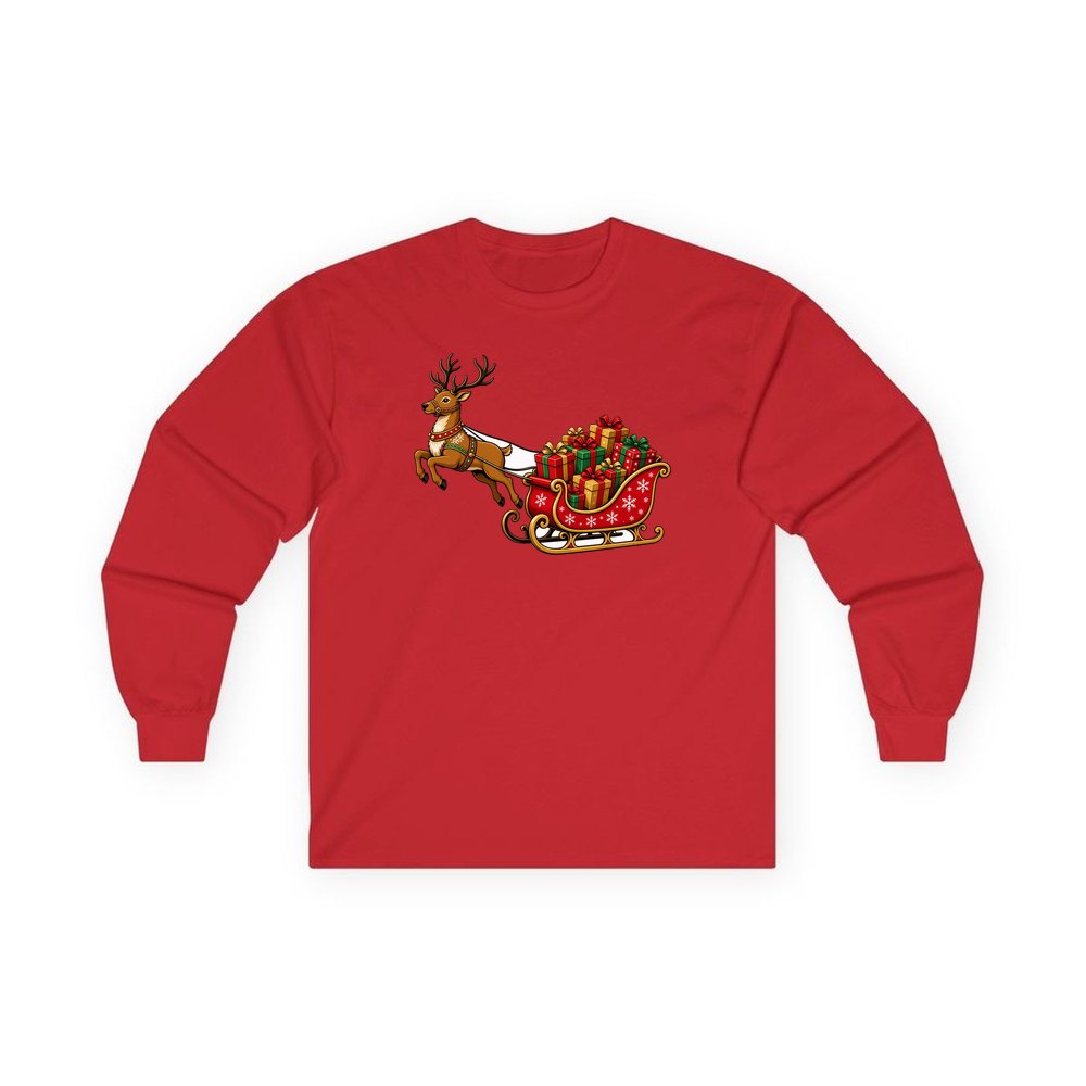 Reindeer Pulling Gift Sleigh personalised long sleeve Christmas T-shirt in red