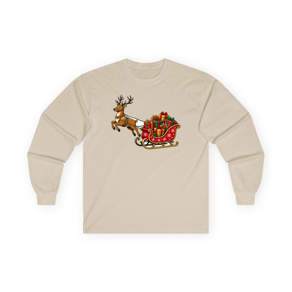 Reindeer Pulling Gift Sleigh personalised long sleeve Christmas T-shirt in sand
