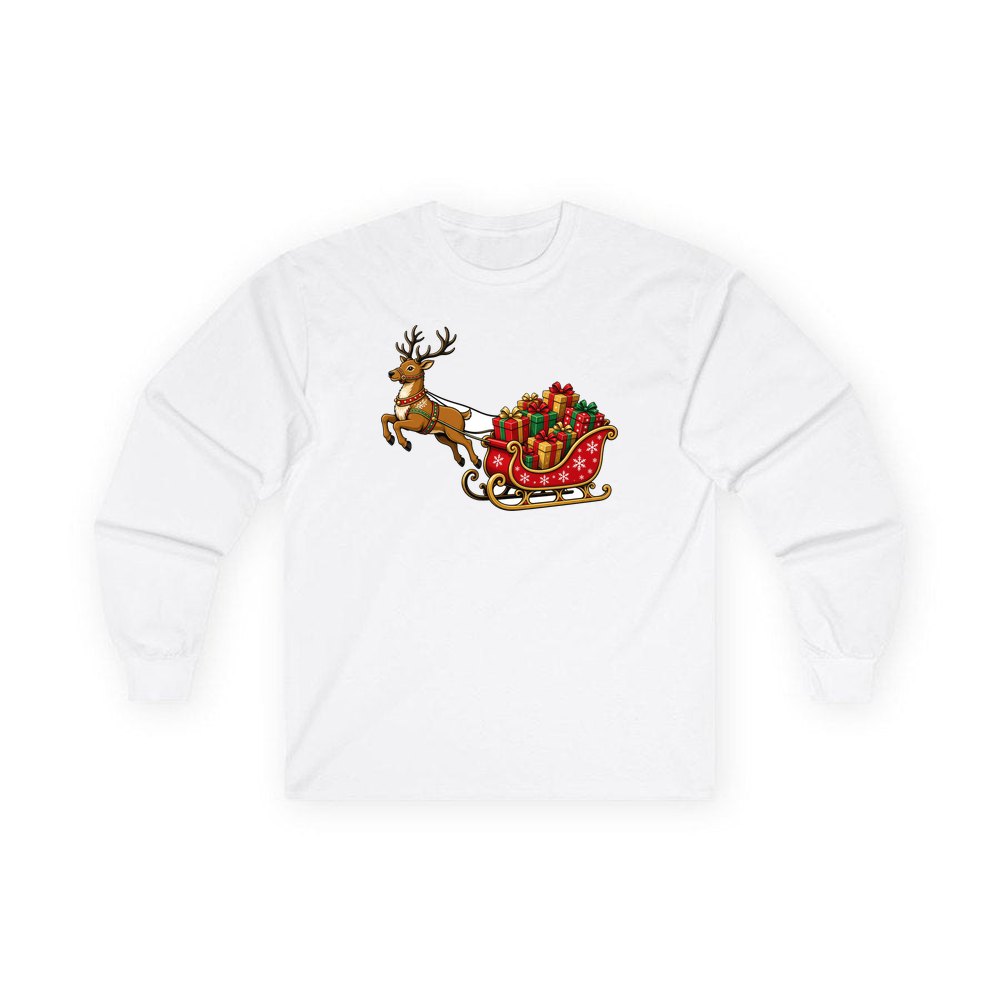 Reindeer Pulling Gift Sleigh personalised long sleeve Christmas T-shirt in white