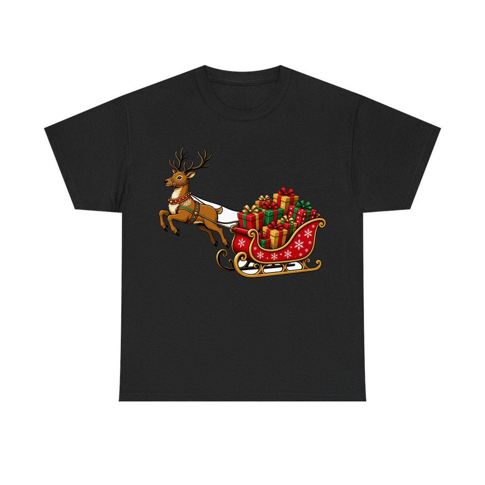 Reindeer Pulling Gift Sleigh personalised Christmas T-shirt in black