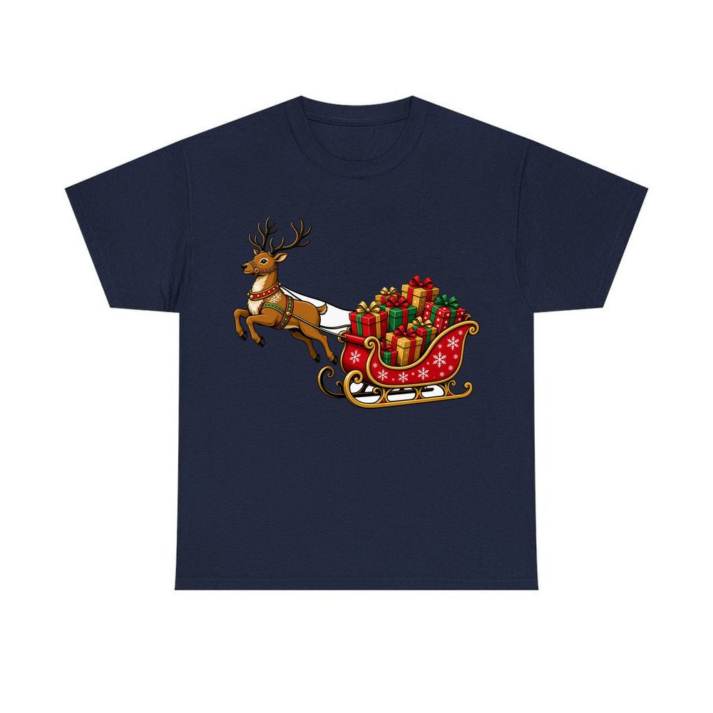 Reindeer Pulling Gift Sleigh personalised Christmas T-shirt in navy