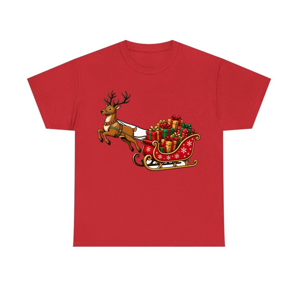 Reindeer Pulling Gift Sleigh personalised Christmas T-shirt in red