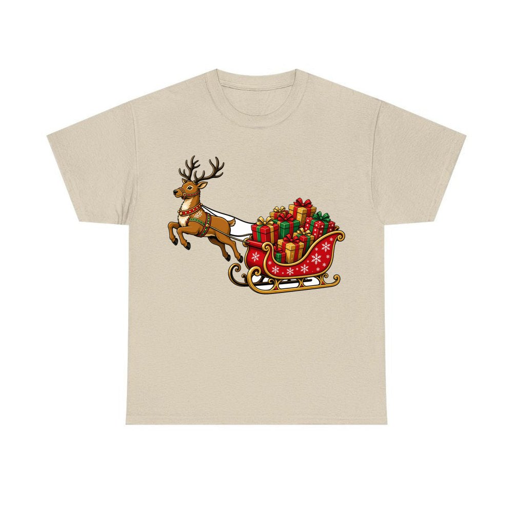Reindeer Pulling Gift Sleigh personalised Christmas T-shirt in sand