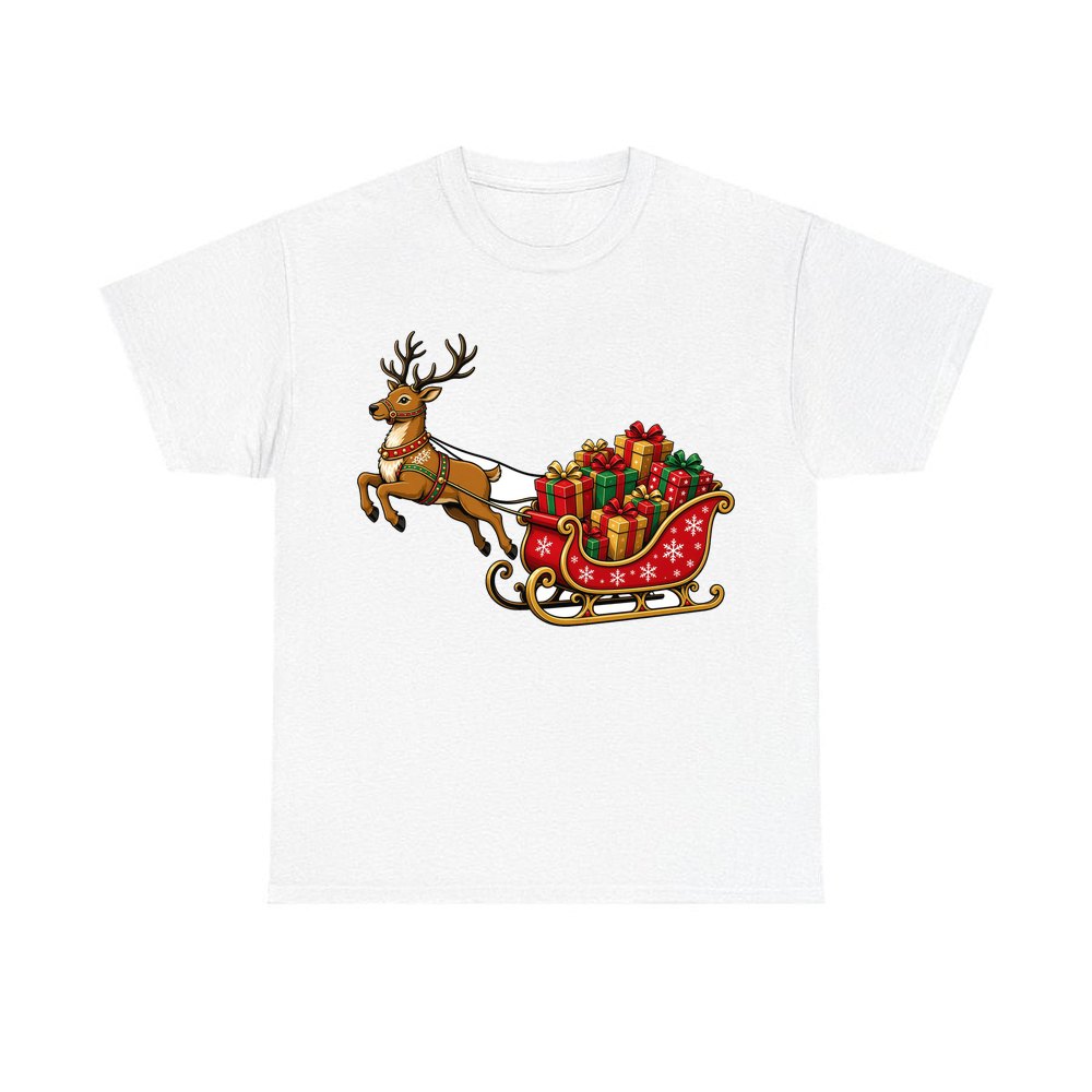 Reindeer Pulling Gift Sleigh personalised Christmas T-shirt in white