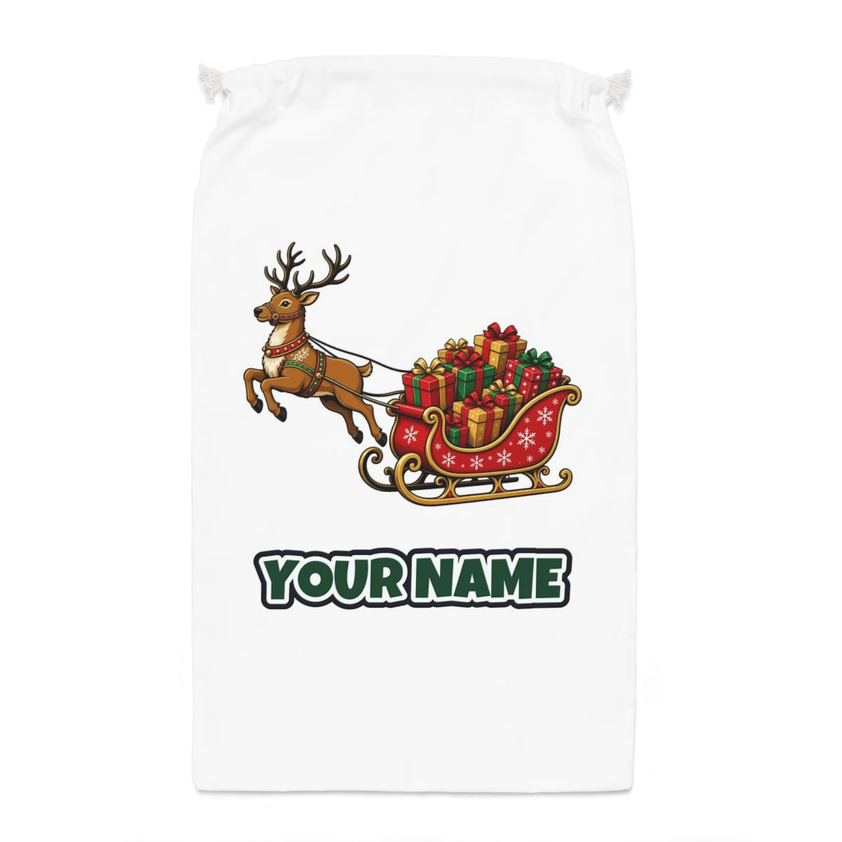 Reindeer Pulling Gift Sleigh Santa sack laid flat, showing the full print