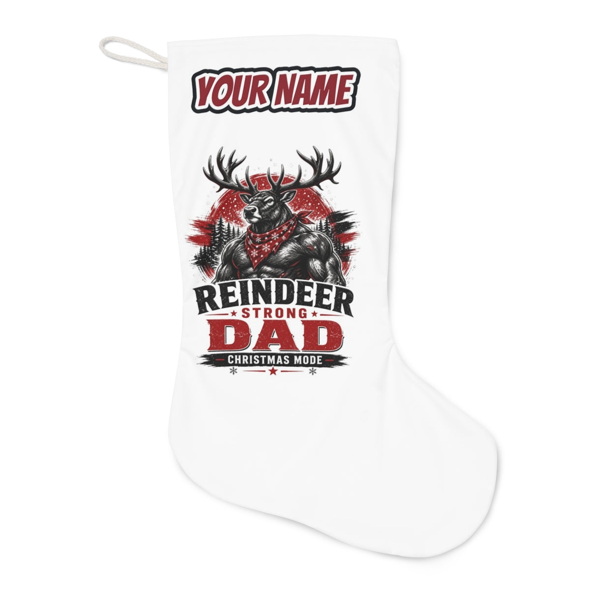 Reindeer Strong Dad Christmas stocking laid flat, showing the full print