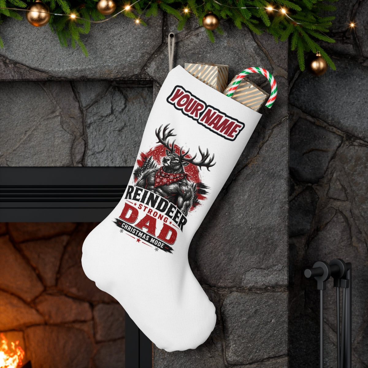 Reindeer Strong Dad personalised Christmas stocking hanging on a mantel