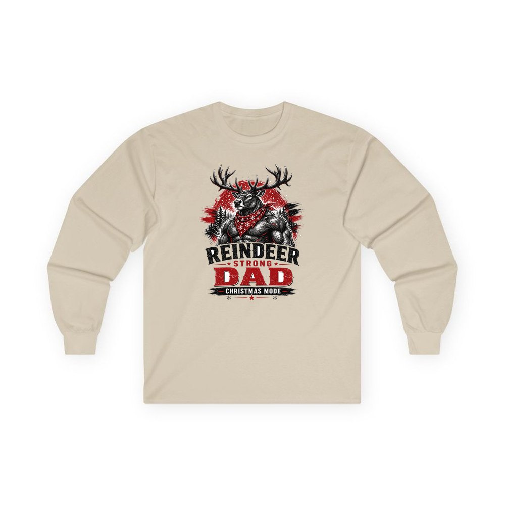 Reindeer Strong Dad personalised long sleeve Christmas T-shirt in sand