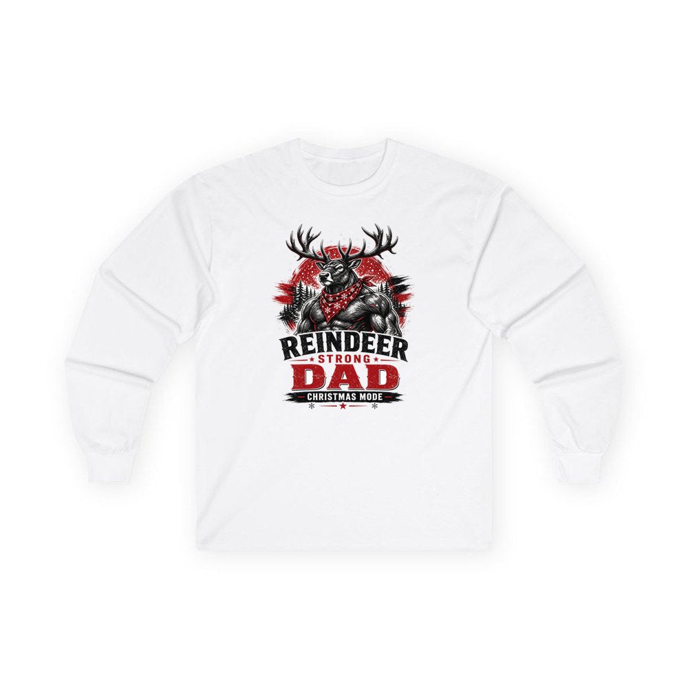 Reindeer Strong Dad personalised long sleeve Christmas T-shirt in white