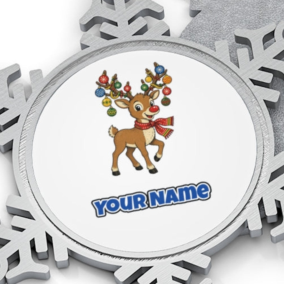 Reindeer With Bauble Antlers Personalised Pewter Christmas Ornament