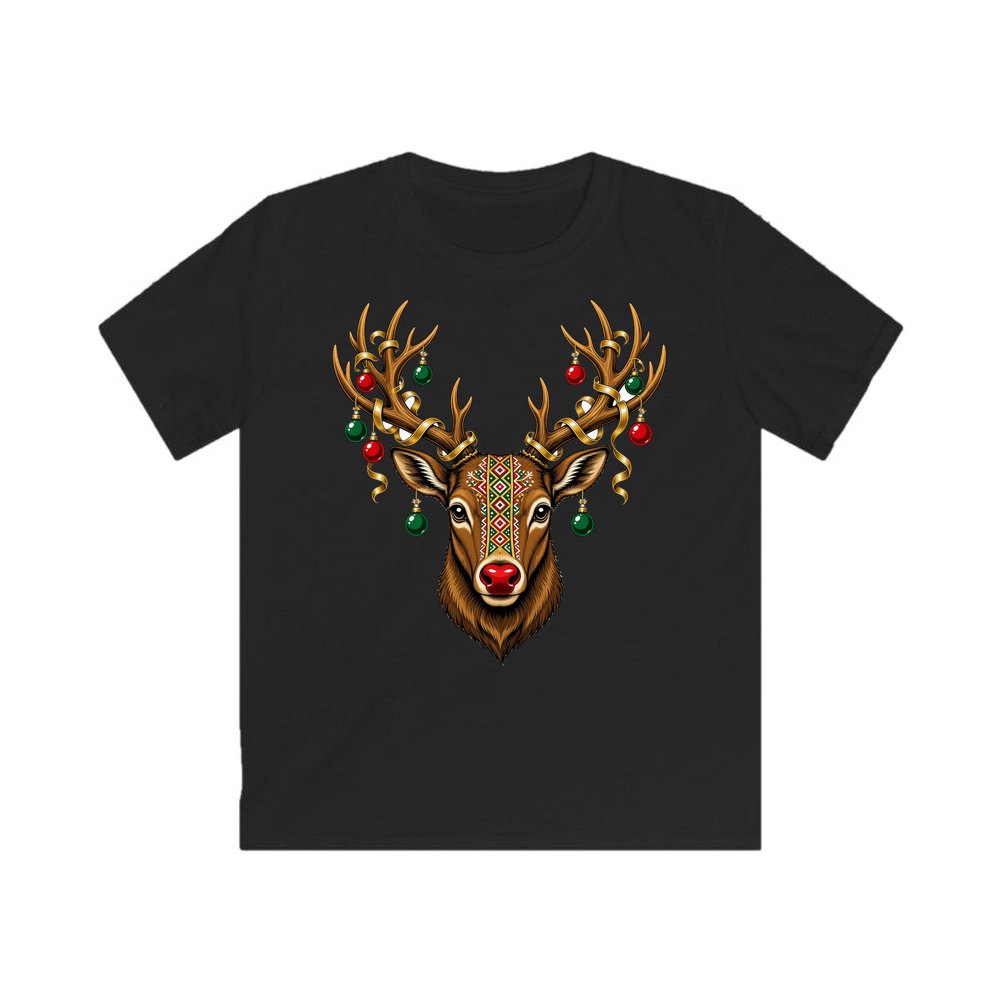 Reindeer with Decorated Antlers personalised kids Christmas tee in black