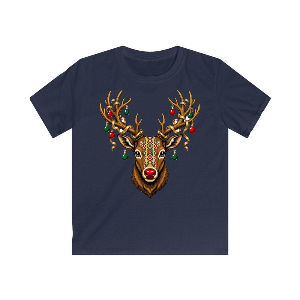 Reindeer with Decorated Antlers personalised kids Christmas tee in navy