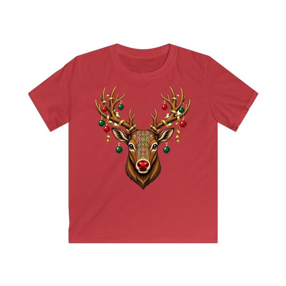 Reindeer with Decorated Antlers personalised kids Christmas tee in red