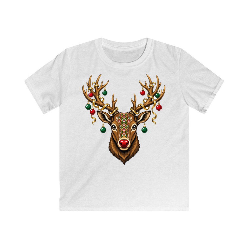 Reindeer with Decorated Antlers personalised kids Christmas tee in white