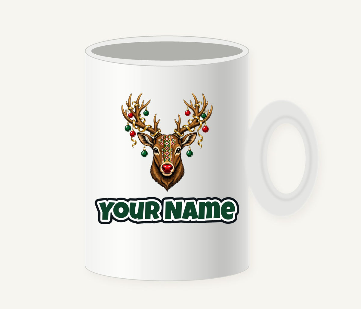 Reindeer with Decorated Antlers Personalised Christmas Mug
