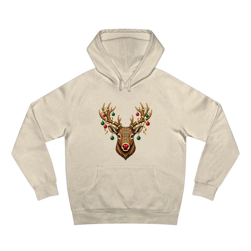 Reindeer with Decorated Antlers personalised Christmas hoodie in sand
