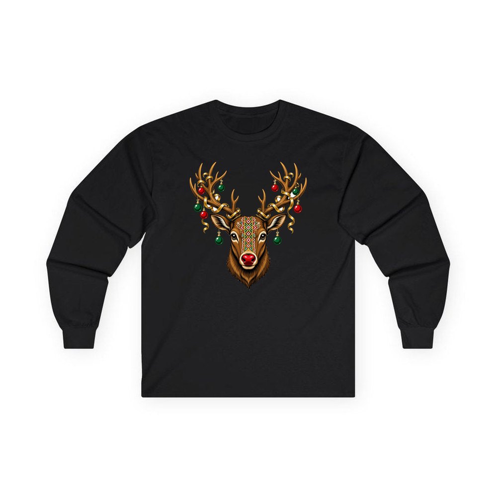 Reindeer with Decorated Antlers personalised long sleeve Christmas T-shirt in black