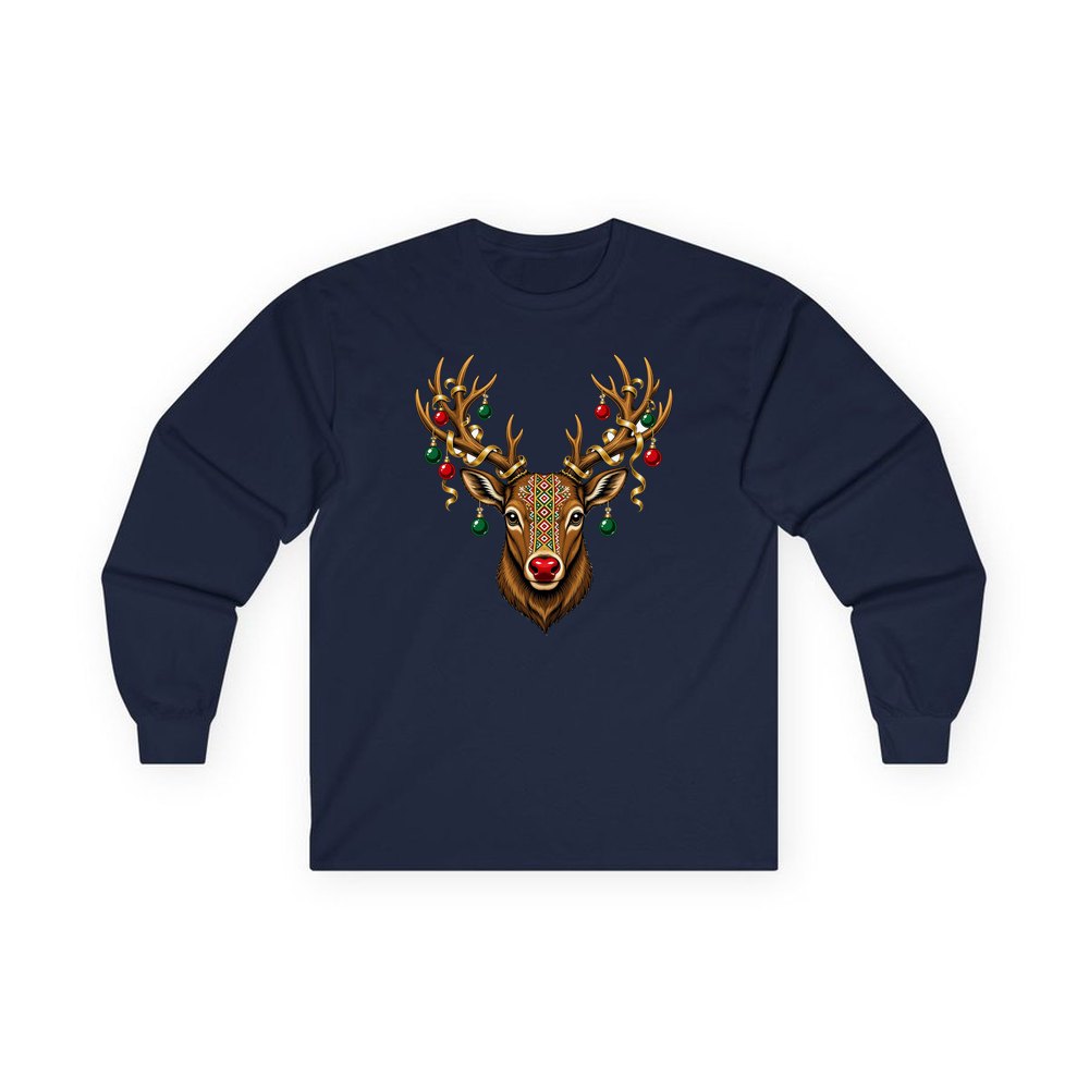 Reindeer with Decorated Antlers personalised long sleeve Christmas T-shirt in navy