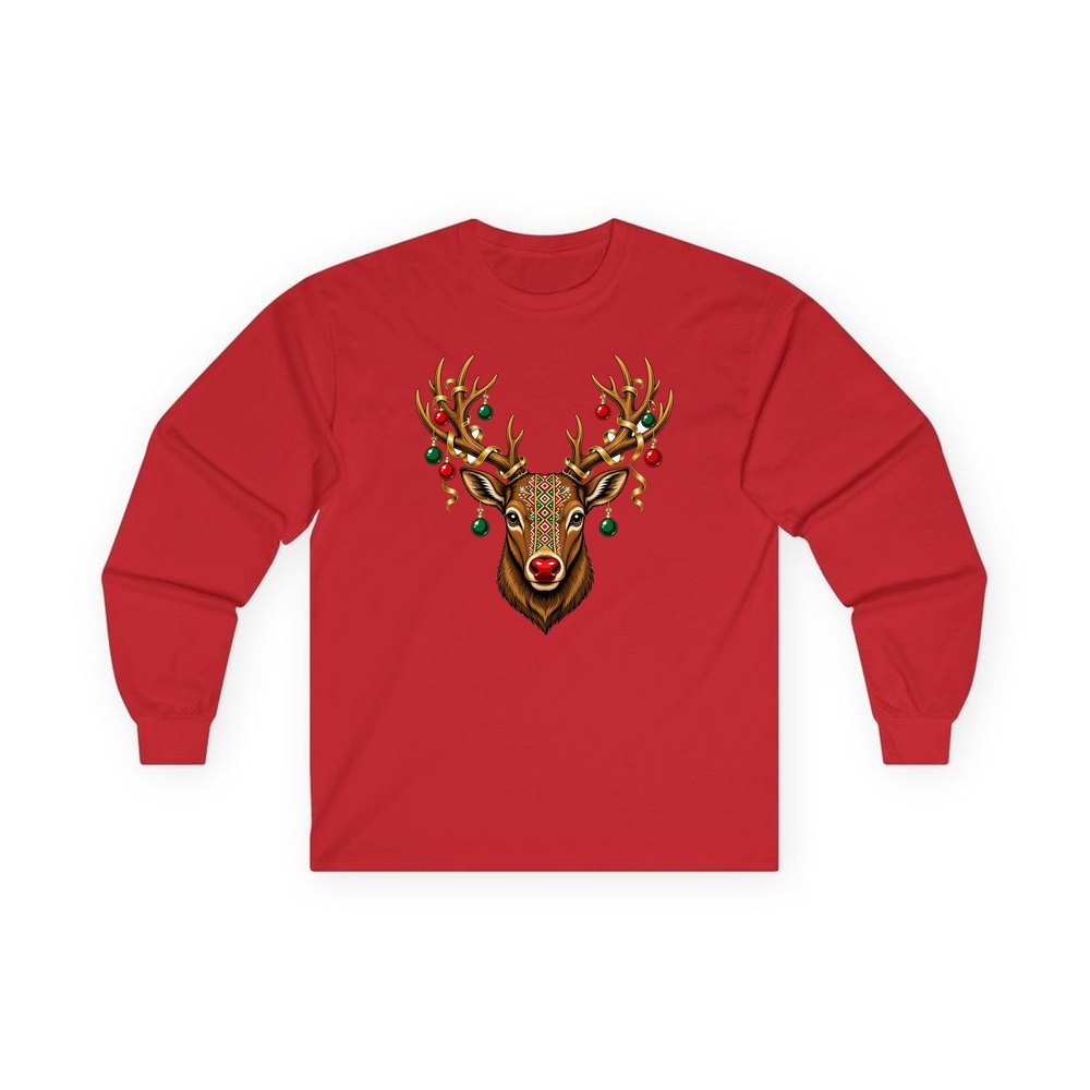 Reindeer with Decorated Antlers personalised long sleeve Christmas T-shirt in red
