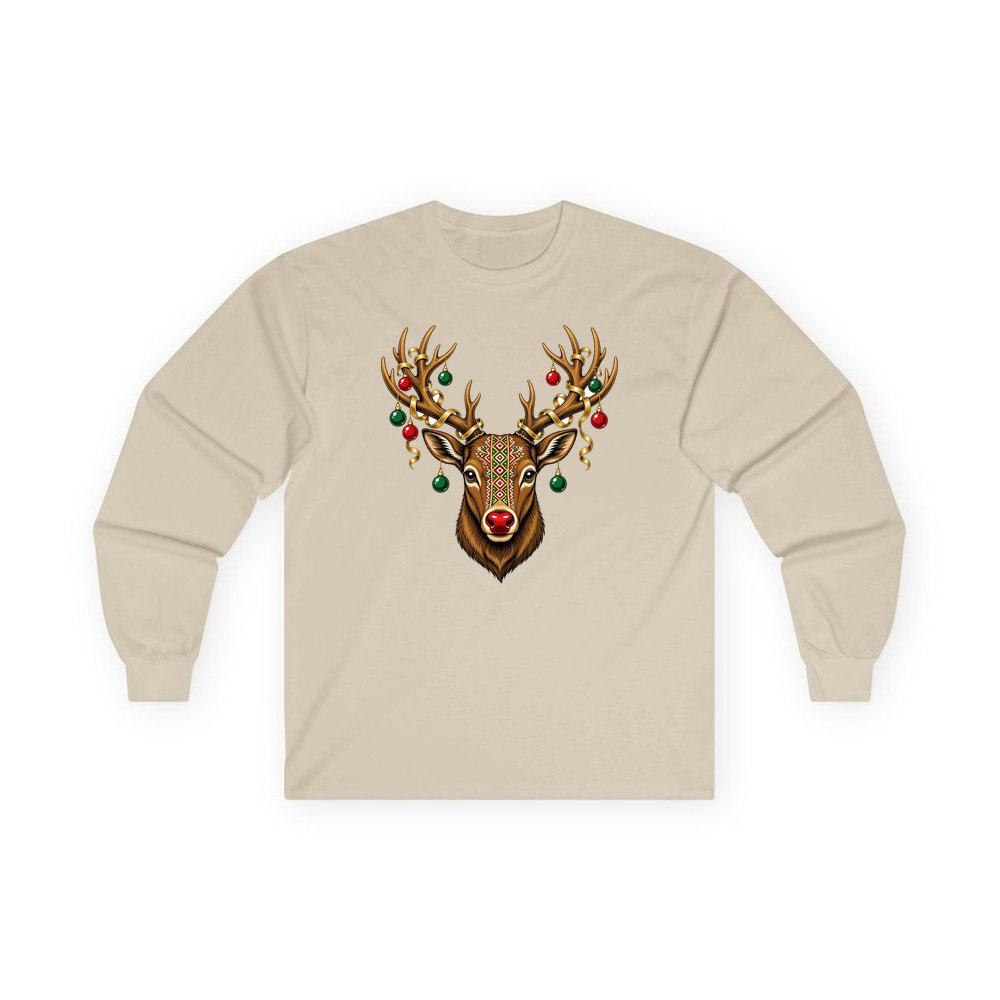 Reindeer with Decorated Antlers personalised long sleeve Christmas T-shirt in sand