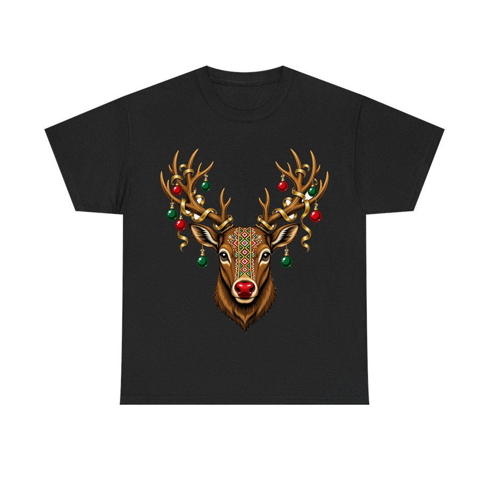 Reindeer with Decorated Antlers personalised Christmas T-shirt in black