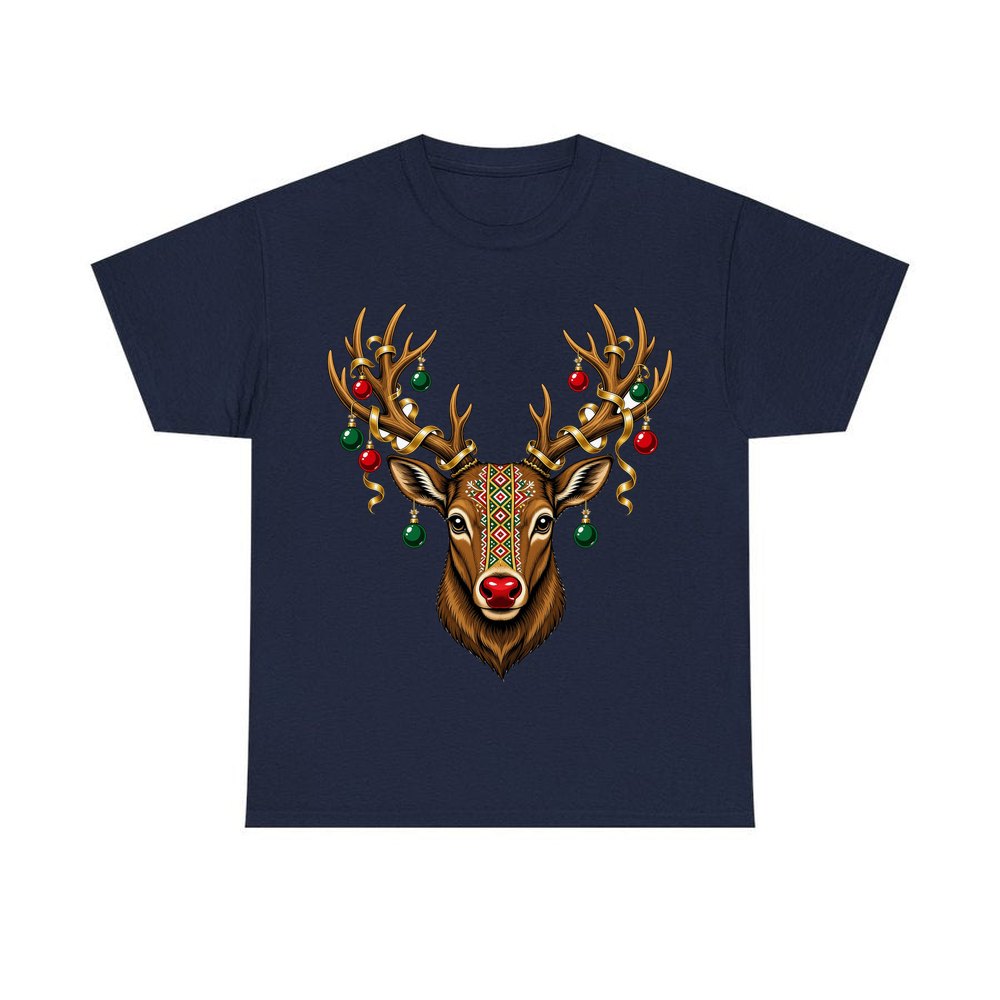 Reindeer with Decorated Antlers personalised Christmas T-shirt in navy