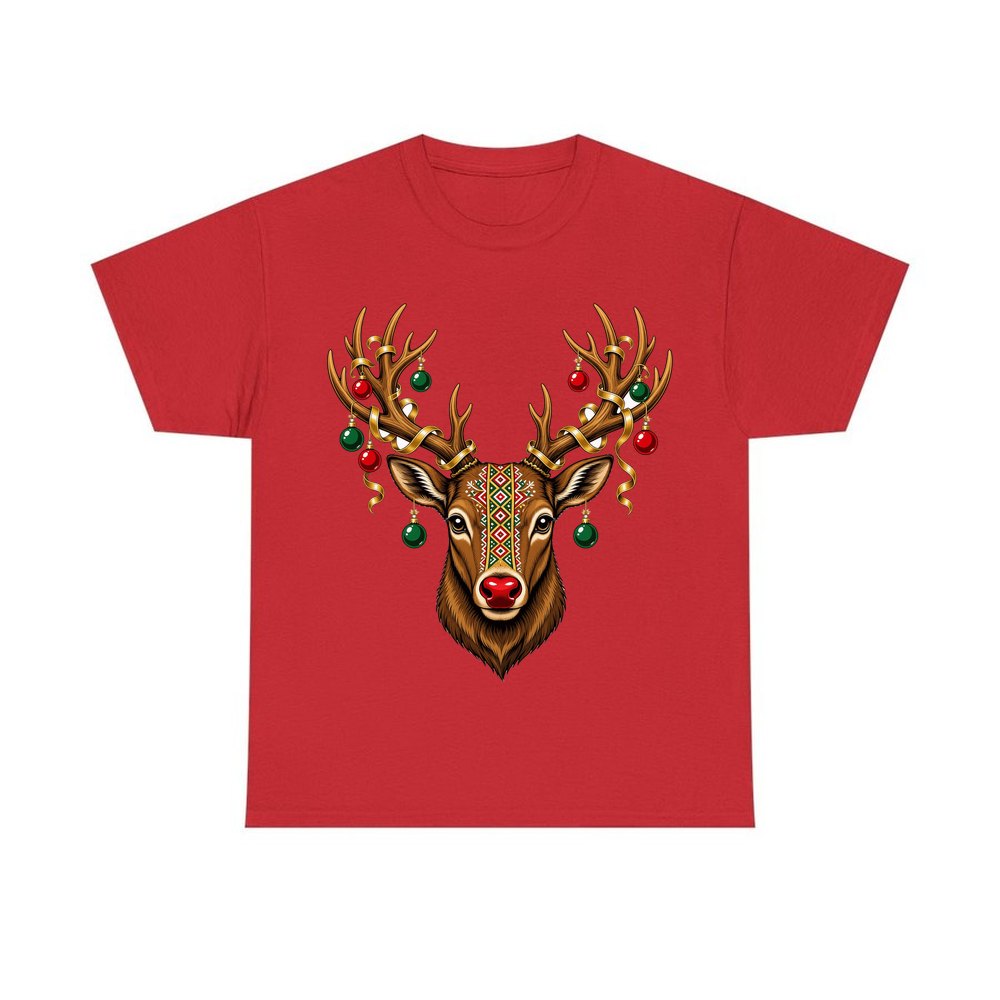 Reindeer with Decorated Antlers personalised Christmas T-shirt in red