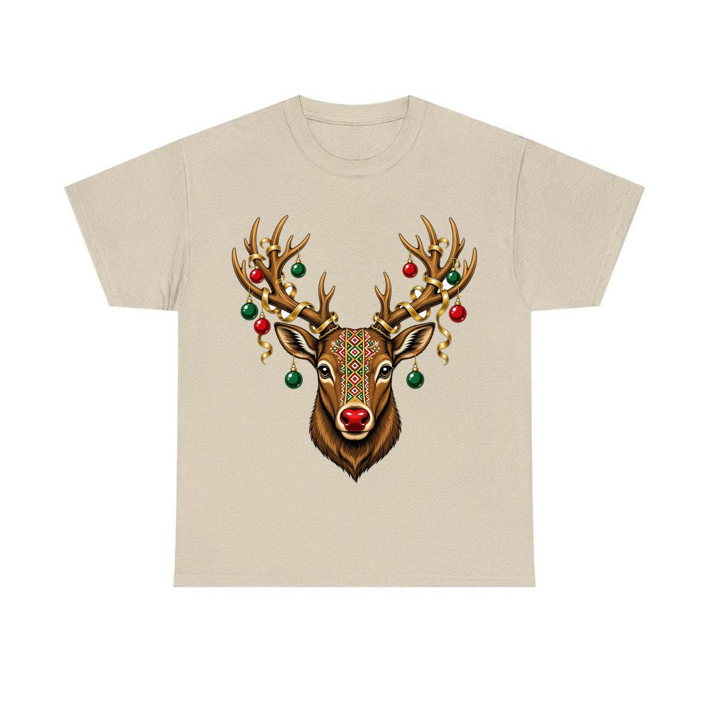 Reindeer with Decorated Antlers personalised Christmas T-shirt in sand