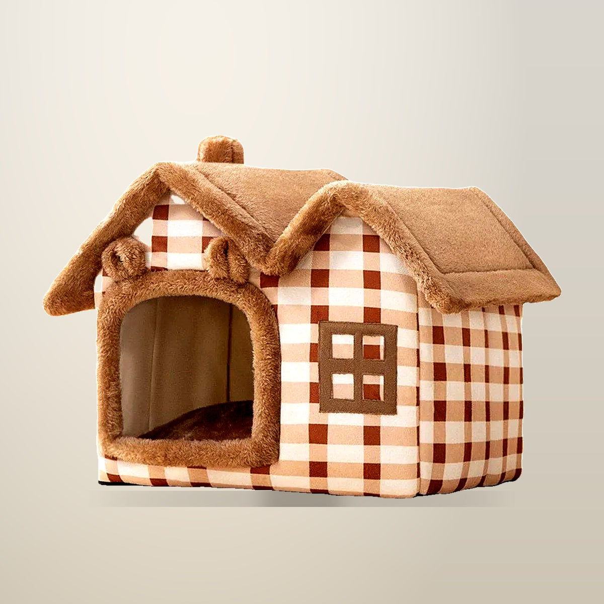 Enclosed Pet House, Plush Fabric, Sizes S, M and L, on a plain cream background