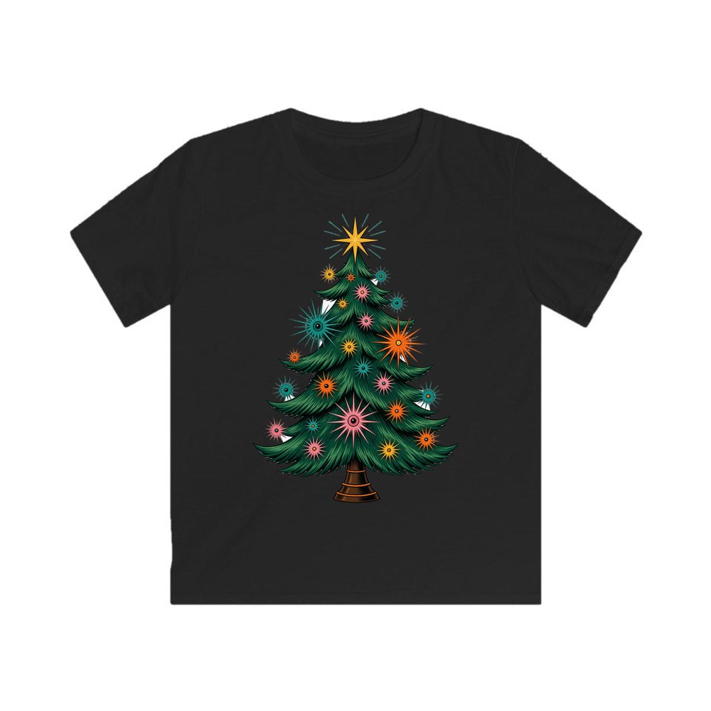 Retro Atomic Christmas Tree personalised kids Christmas tee in black