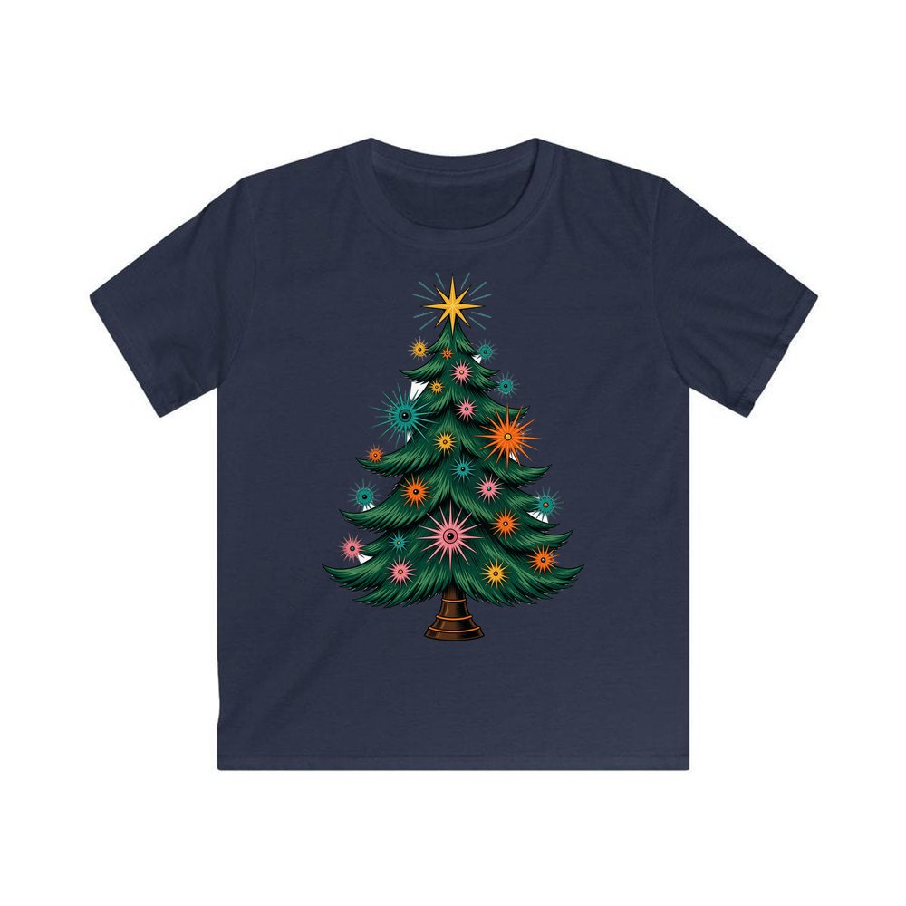 Retro Atomic Christmas Tree personalised kids Christmas tee in navy