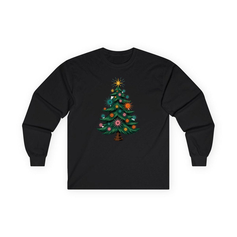 Retro Atomic Christmas Tree personalised long sleeve Christmas T-shirt in black