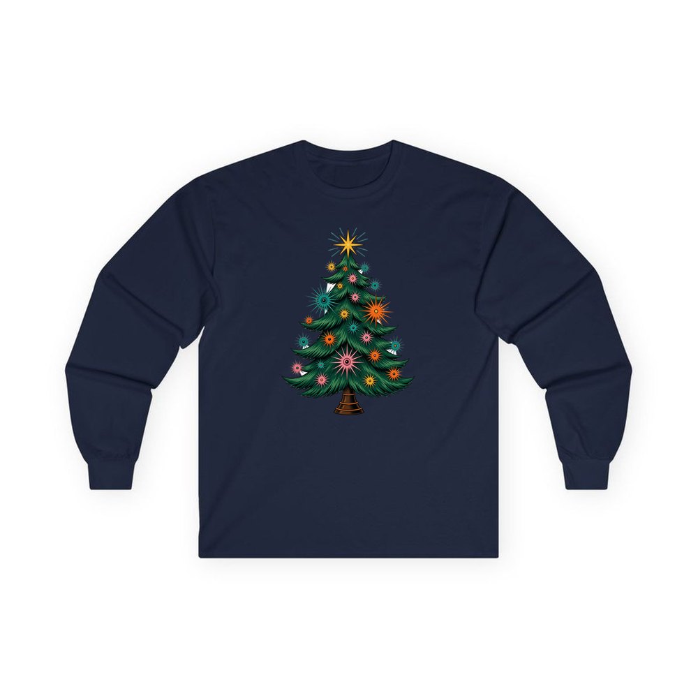 Retro Atomic Christmas Tree personalised long sleeve Christmas T-shirt in navy