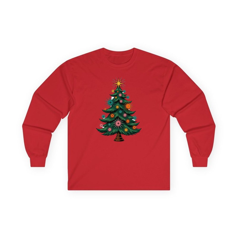 Retro Atomic Christmas Tree personalised long sleeve Christmas T-shirt in red