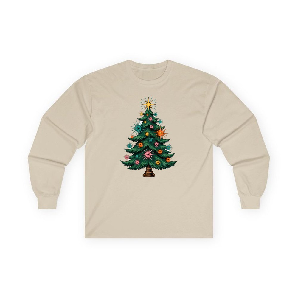 Retro Atomic Christmas Tree personalised long sleeve Christmas T-shirt in sand