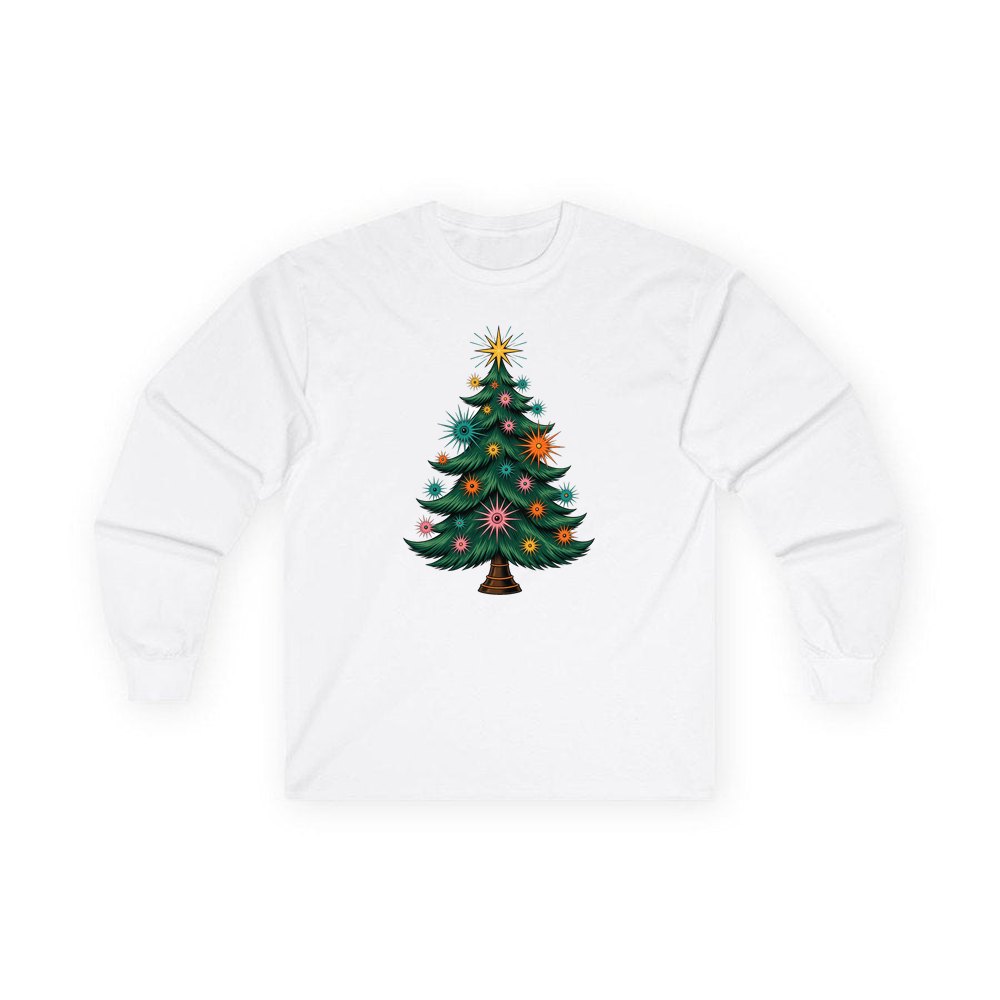 Retro Atomic Christmas Tree personalised long sleeve Christmas T-shirt in white