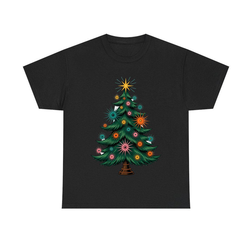 Retro Atomic Christmas Tree personalised Christmas T-shirt in black